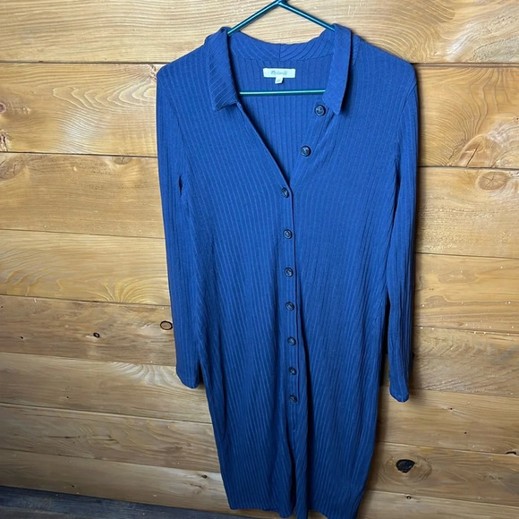 MADEWELL womens L blue collar ribbed collared button down midi long sleeve dress - Picture 1 of 8